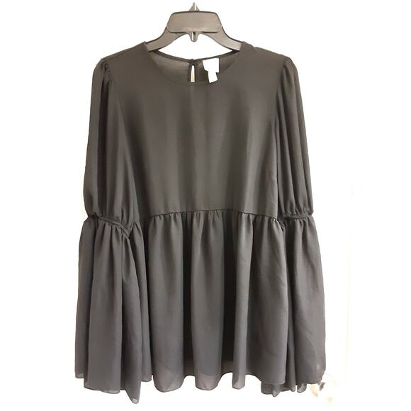 🩷Asos Blouse, Women's Size 8 Black, Long Bell Sleeves, Pleated, Sheer, EUC - Picture 4 of 5